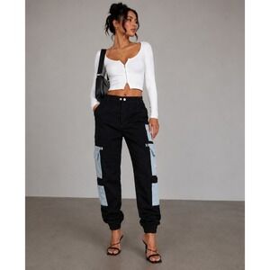 Maniere De Voir Womens Black Cargo Joggers Blue Patch Utility Pants Size 8
